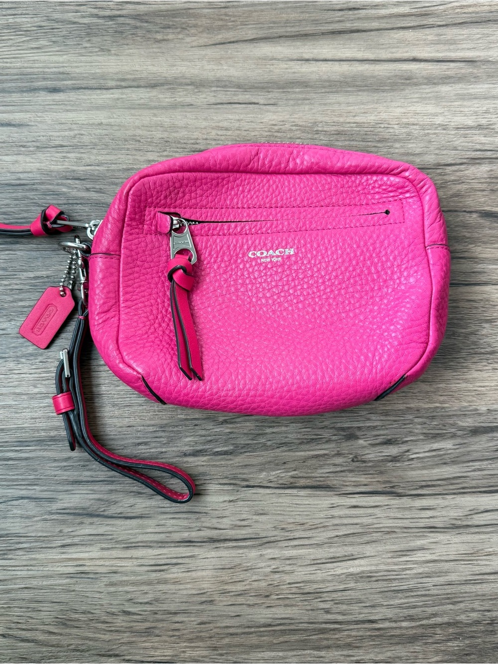 Coach Magenta Pink Pebbled Leather Small Zip Wristlet Bag